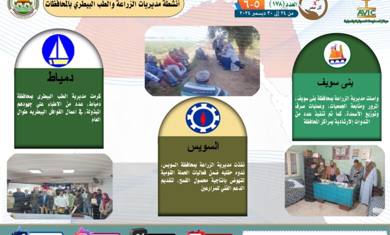 أنشطة وجهود مديريات الزراعة والطب البيطري خلال الفترة من 24 إلى 30 ديسمبر الجاري