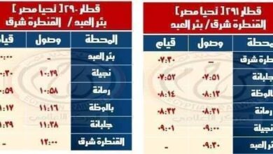 مواعيد القطارات بخطي القنطرة شرق / بئر العبد والعكس و بشتيل/ كفر داوود / السادات
