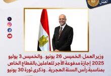 وزير العمل:الخميس 3 يوليو 2025 إجازة مدفوعة الأجر للعاملين بالقطاع الخاص