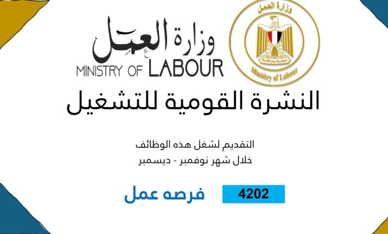 وزارة العمل :4202 فرصة عمل جديدة في 53 شركة بـ 14 محافظة