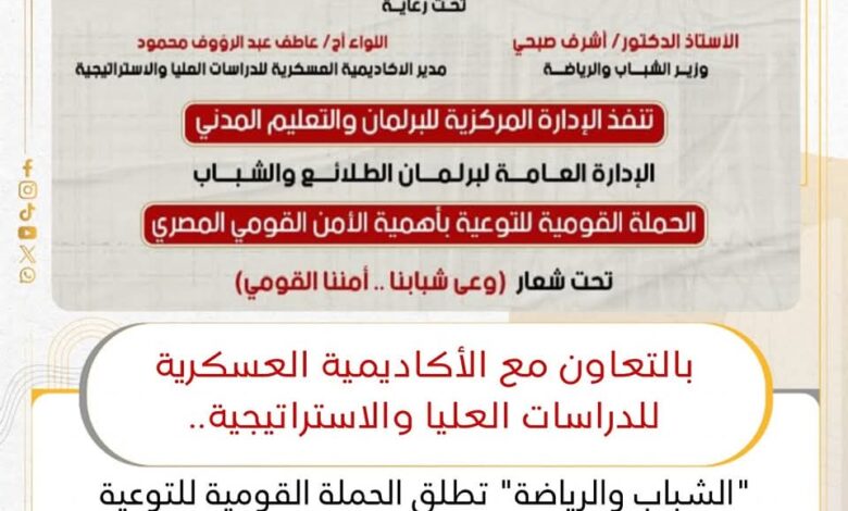 "الشباب والرياضة" : تنفذ اللقاء الرابع من الحملة القومية للتوعية بالأمن القومي المصري بالبحيرة