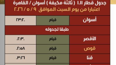 إضافة مقرر وقوف لقطار 1011 ثالثة مكيفة (اسوان / القاهرة) بمحطة قوص