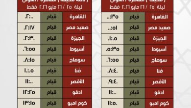 السكة الحديد : تشغيل قطار إضافى بين القاهرة وأسوان الليلة