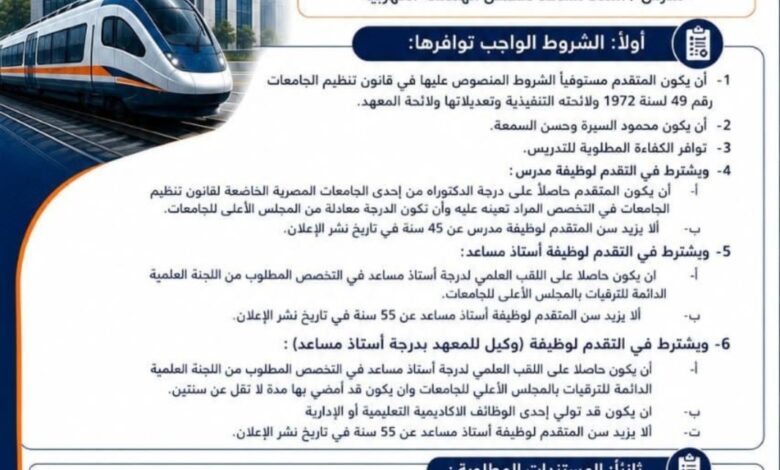 سكك حديد مصر :فتح باب التقدم لشغل عدد من الوظائف القيادية والأكاديمية بالمعهد العالي لتكنولوجيا النقل