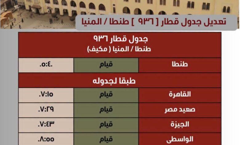 سكك حديد مصر: تطوير قطاري 957 / 944 القاهرة / الزقازيق وتعديل جدول قطار 936 طنطا / المنيا