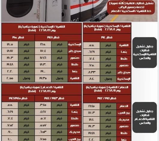 السكة الحديد : تشغيل قطارات إضافية ( ثالثة تهوية ديناميكية ) على خط القاهرة / الاسكندرية / الحمام والعكس